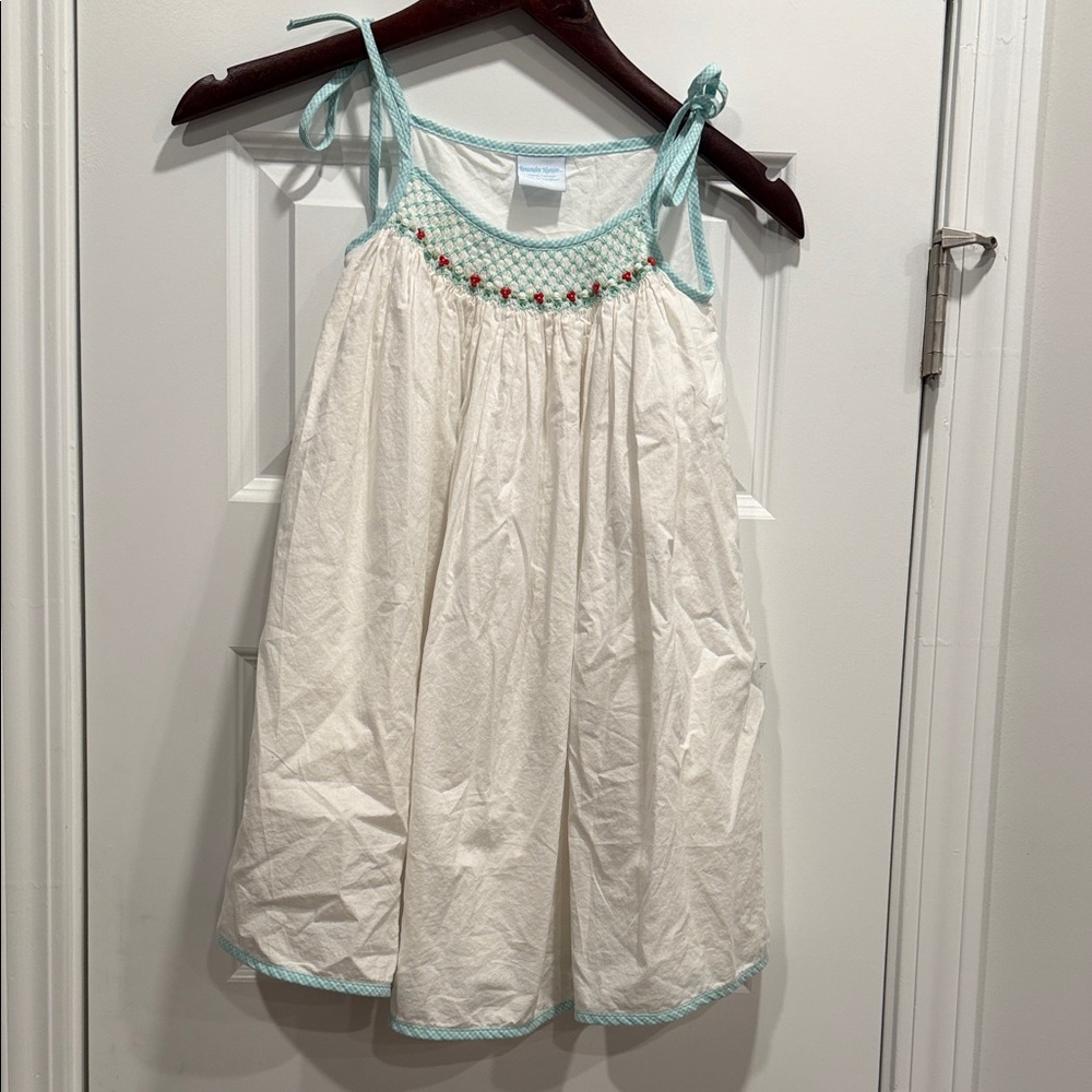 White and Teal Sleeveless Floral Embroidered Girls Dress adjustable shoulder tie